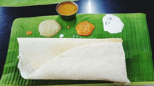 High angle view of food served on leaf