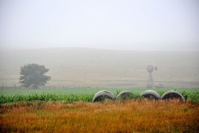 Hay bales on field against sky