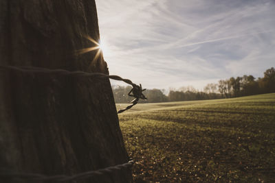 Side view of fence post on field against sky with sun flaires