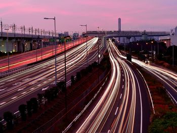 High angle view of light trails on highway