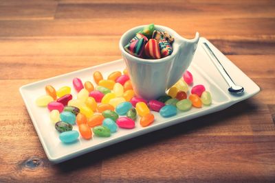 High angle view of multi colored coffee on table