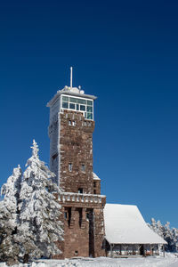 Low angle view of historical building against clear blue sky