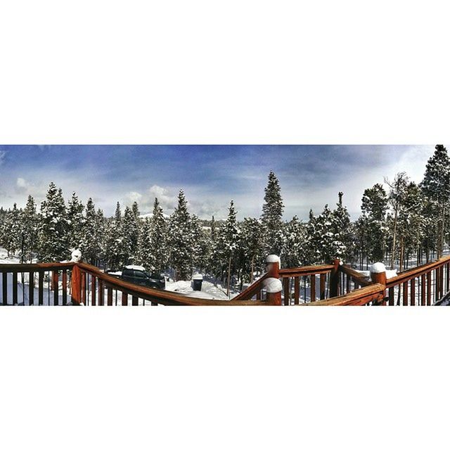 snow, winter, cold temperature, sky, built structure, architecture, house, building exterior, tree, transfer print, season, weather, nature, railing, cloud - sky, cloud, day, covering, roof, tranquil scene