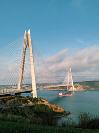 View of suspension bridge over sea