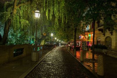 Illuminated walkway at night