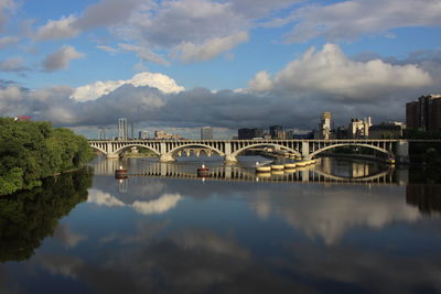 Bridge over river by buildings against sky