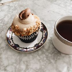 High angle view of coffee cup on table