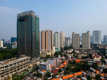 High angle view of buildings against clear sky
