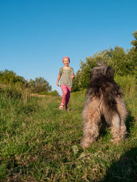 Little girl hugging playing with dog walking spending time together. child with pet in summer meadow