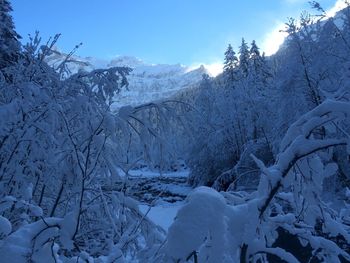 Scenic view of snow covered mountains against sky