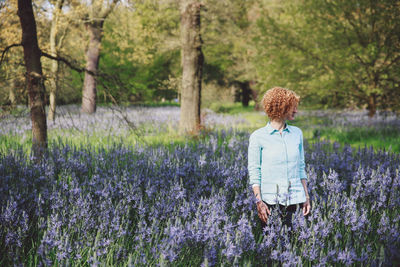 Woman standing amidst purple flowering plants at forest