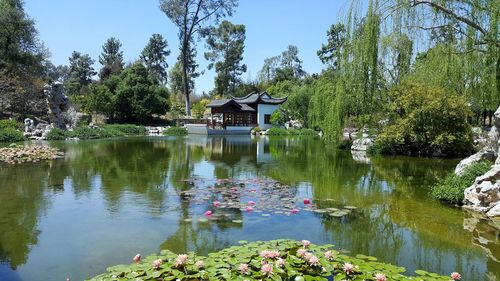 Scenic view of lake by building against sky