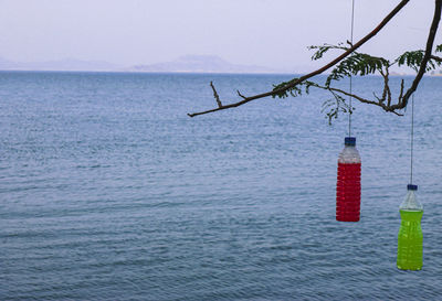 Lifeguard hut hanging on sea against sky