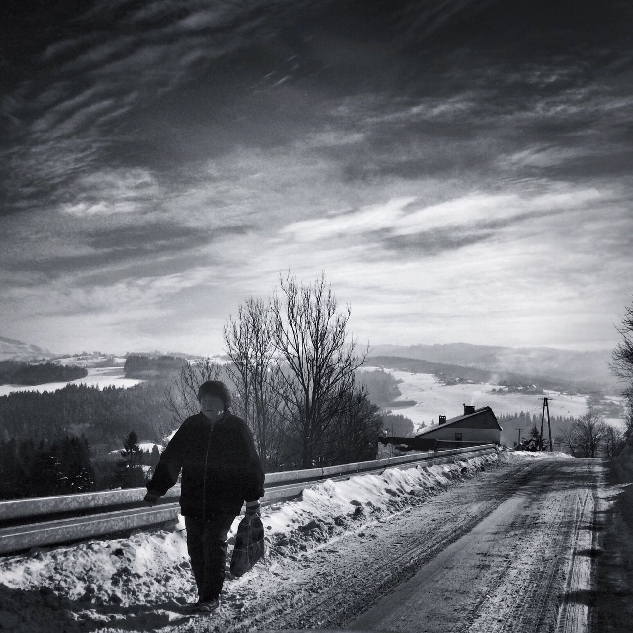 sky, rear view, lifestyles, full length, cloud - sky, leisure activity, standing, tranquility, men, tranquil scene, nature, landscape, beauty in nature, tree, cloud, scenics, person, walking