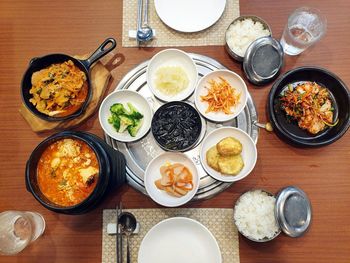 High angle view of meal served on table