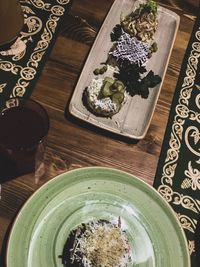 High angle view of food served on table