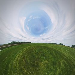 Scenic view of grassy field against sky