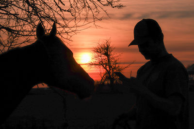 Rear view of silhouette woman standing against sky during sunset