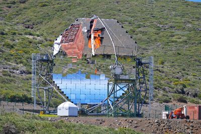 High angle view of traditional windmill on field