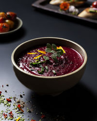 High angle view of soup in bowl on table