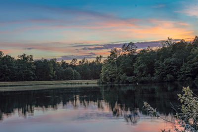 Scenic view of lake against sky at sunset