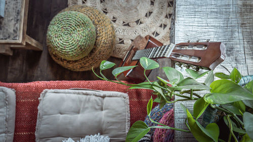 High angle view of wicker basket on table