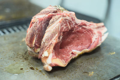 Close-up of meat on barbecue grill