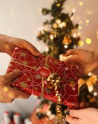 Midsection of person holding christmas gift