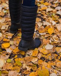 Low section of person walking on autumn leaves