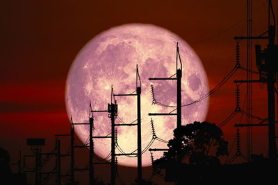 Electricity pylon by building against sky during sunset