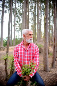 Mature man looking away while sitting at forest