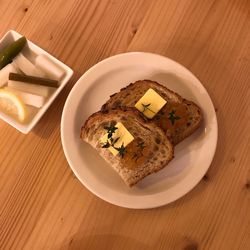 High angle view of breakfast served on table