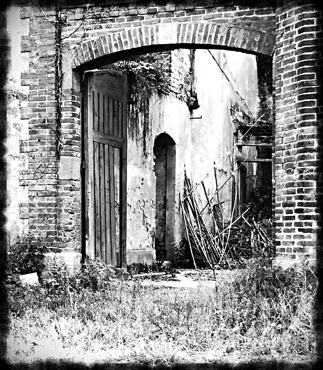 architecture, building exterior, built structure, house, window, door, abandoned, old, residential structure, building, grass, wall - building feature, day, closed, plant, brick wall, outdoors, no people, safety, protection