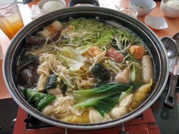 High angle view of soup in bowl