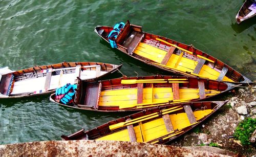 High angle view of abandoned boat moored on river