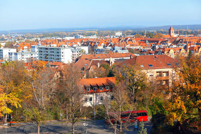 Nuremberg residential district panorama . city houses roofs and attics . tiled roofs scenery