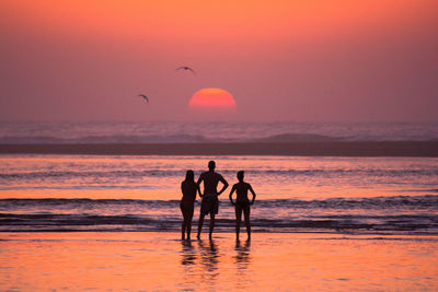 Silhouette friends on beach against sky during sunset