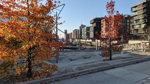 Street by buildings against clear sky during autumn
