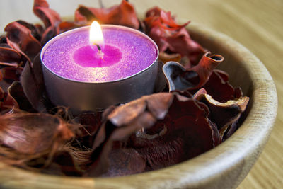 Close-up of lit candle in container