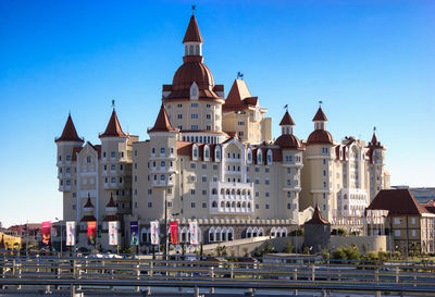 Low angle view of building against clear blue sky