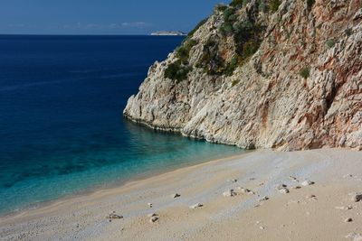 Scenic view of rocks by sea against sky