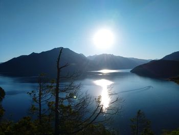 Scenic view of lake and mountains against bright sun
