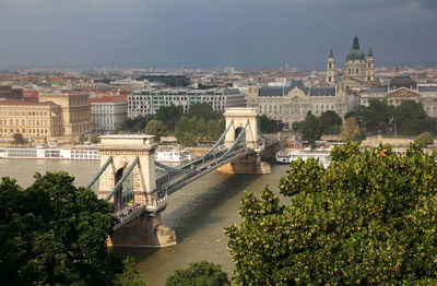 Aerial view of bridge over river against sky in city