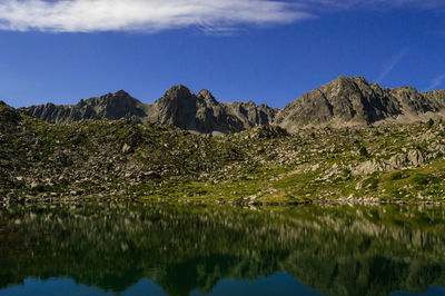 Scenic view of lake and mountains against blue sky