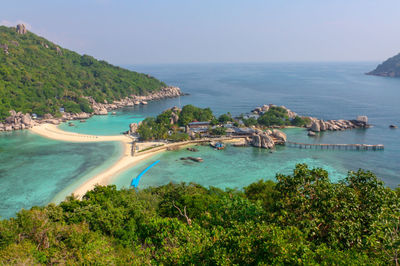 High angle view of bay against sky