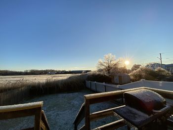 Scenic view of lake against clear blue sky