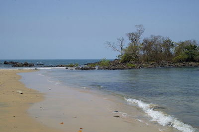 Scenic view of beach and sea against clear sky