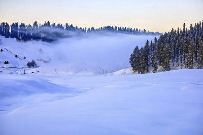 Scenic view of snow covered mountains against sky