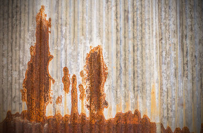 Close-up of rusty metal fence against wall