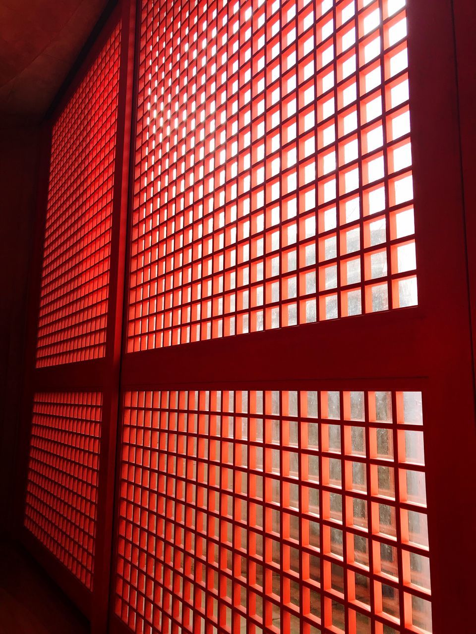 red, indoors, pattern, no people, window, low angle view, day, close-up, architecture